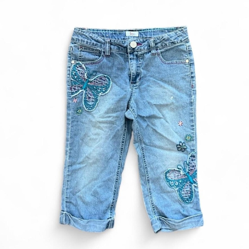 Y2K Denim Capri Jeans w/ Butterflies Flowers Embroidered Girls Size 14